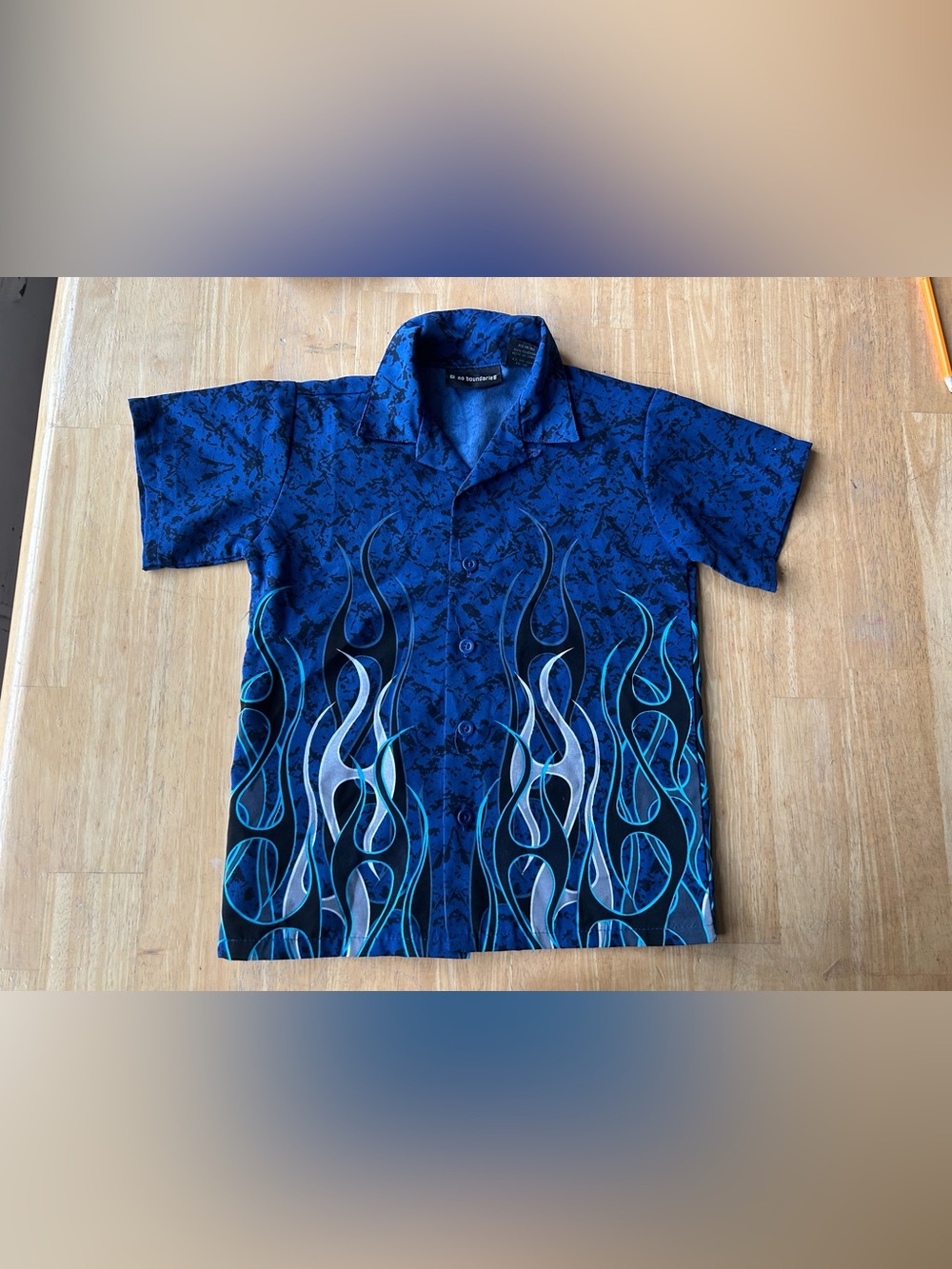 Vintage No Boundaries button up shirt blue ghost flames Y2K kids youth 4/5 biker